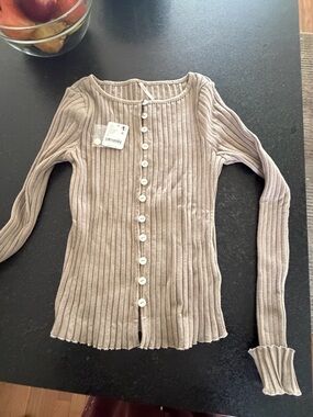 Free People Taupe Ribbed Button-Front Top